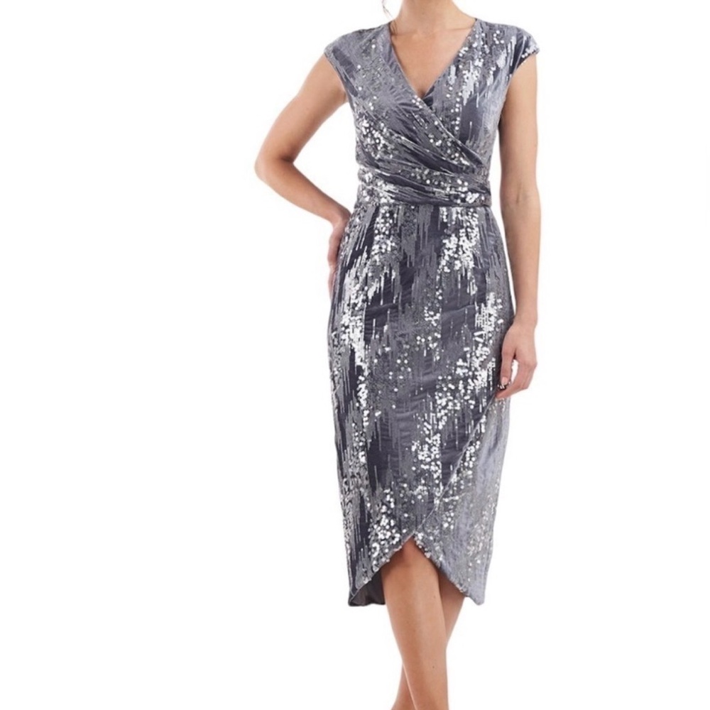 JS Collection June Faux Wrap MIDI Dress Size 12 Gray Blue Cap Sleeve Velvet